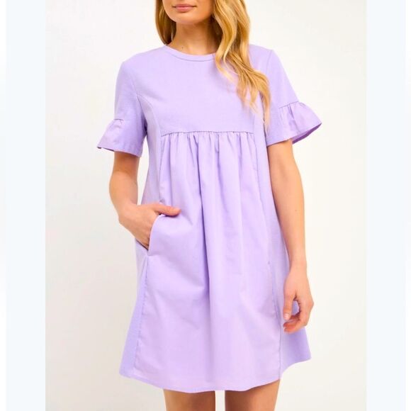The Impeccable Pig MIXED MEDIA SHORT-SLEEVE MINI DRESS purple lilac Small - Picture 1 of 11